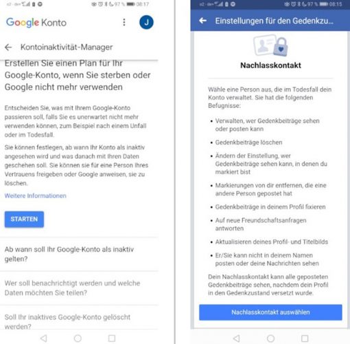 Bei Google (links) und Facebook können sie aktiv selbst bestimmen, was nach Ihrem Tod mit Ihren Accounts geschehen soll. Bild: Screenshots PC-SPEZIALIST