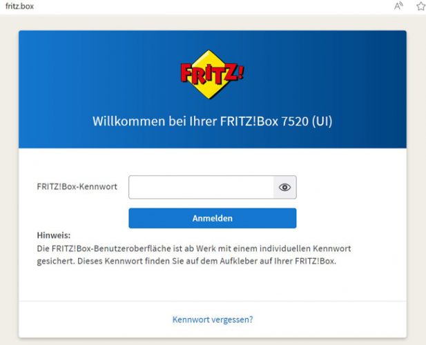 FRITZ!Box-URL: Screenshot der Login-Seite zur FRITZ!Box-Bedienoberfläche. Bild: Screenshot PC-SPEZIALIST