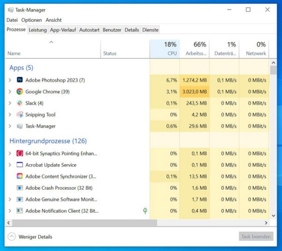 Screenshot vom Task-Manager mit Auslastung des Arbeitsspeichers. Bild: Screenshot PC-SPEZIALIST