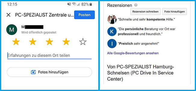 Wenn Sie eine Google-Bewertung abgeben, können Sie nicht nur die Anzahl an Sternen auswählen, sondern auch eigene Erfahrungen in Worte fassen. Bild/Montage: Screenshots PC-SPEZIALIST