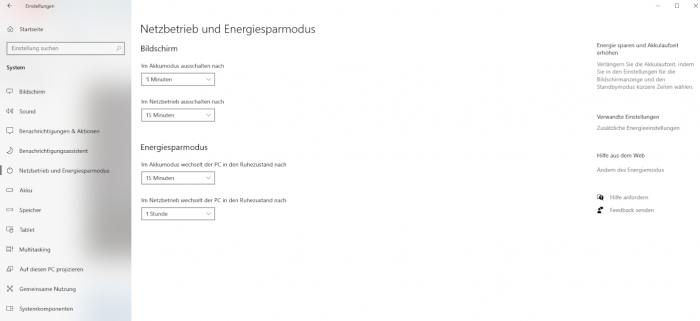 Netzbetrieb und Energiesparmodus