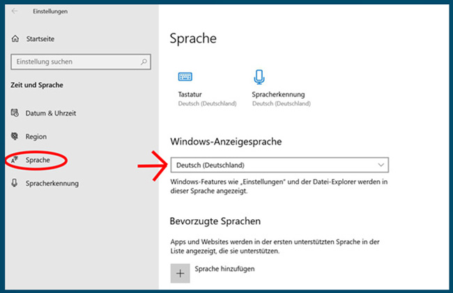 Screenshot mit Pfeilen und Ellipsen, wie man die Windows-Sprache ändern kann. Bild: Screenshot/Montage PC-SPEZIALIST