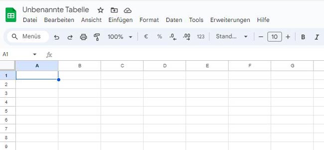 Excel-Funktion: leere Google-Sheet-Tabelle. Screenshot PC-SPEZIALIST