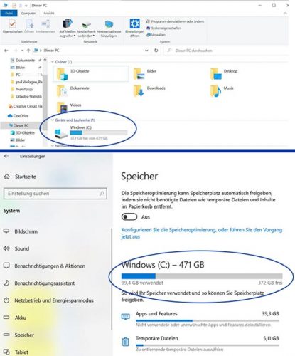 Festplatte reinigen: Speicherplatz überprüfen im Datei Explorer (Bild oben) oder in den Einstellungen (Bild unten). Bild: Screenshot PC-SPEZIALIST