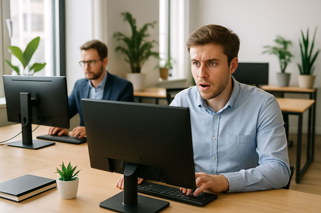 Phishing mit KI | Mitarbeiter im Büro am Computer. Bild: ChatGPT (mit KI erstellt)