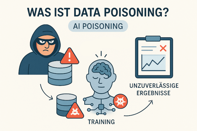Infografik zu Data Poisoning: Angreifer manipuliert Trainingsdaten, wodurch KI fehlerhafte Muster lernt und unzuverlässige Ergebnisse produziert. Bild: ChatGPT (Bild generiert mit KI)