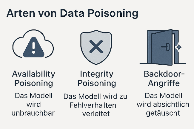 Infografik: Arten von Data Poisoning – Availability Poisoning, Integrity Poisoning und Backdoor-Angriffe mit Beispielen. Bild: ChatGPT (Bild generiert mit KI)