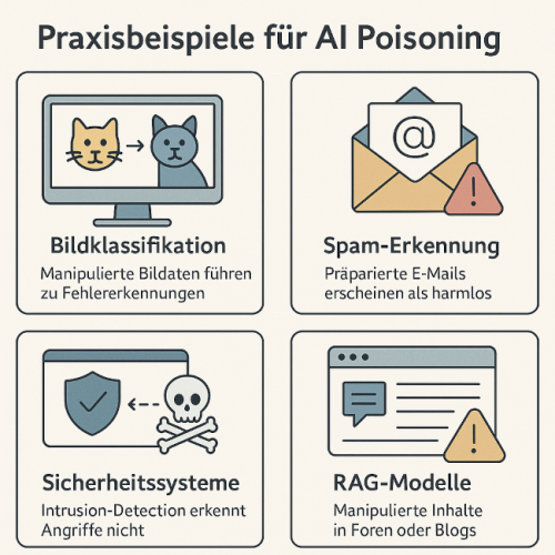 Infografik: Praxisbeispiele für AI Poisoning – Bildklassifikation, Spam-Erkennung, Sicherheitssysteme und RAG-Modelle mit typischen Angriffsszenarien. Bild: ChatGPT (Bild generiert mit KI)