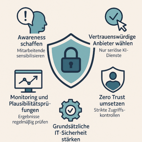 Infografik: Schutzmaßnahmen gegen Data Poisoning – Awareness, vertrauenswürdige Anbieter, Monitoring, Zero Trust, IT-Sicherheit. Bild: ChatGPT (Bild generiert mit KI)