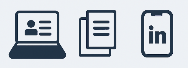 Infografik mit drei Symbolen: Laptop für Bewerbungen, Bücher/Blätter für Hausarbeiten und Smartphone mit LinkedIn-Logo. Veranschaulicht, wie Prompt-Injection außerhalb klassischer Cyberkriminalität missbräuchlich oder spielerisch eingesetzt werden kann. Bild: ChatGPT (Bild generiert mit KI)