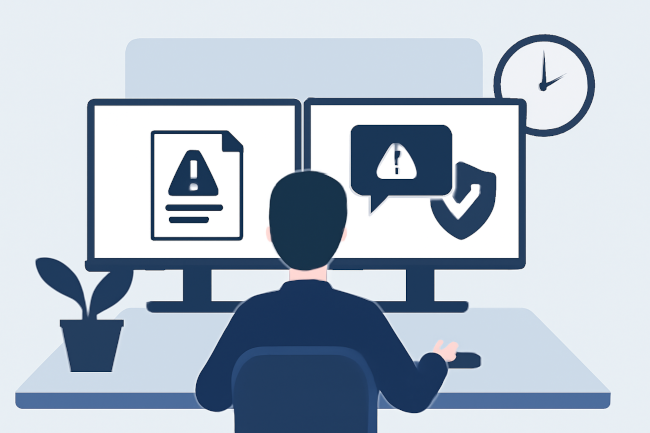 Illustration einer Bürosituation: Eine Person sitzt vor zwei Monitoren, die Symbole für Dokumente mit Warnzeichen, Chatblasen mit Ausrufezeichen und ein Schutzschild zeigen. Im Hintergrund eine Uhr, auf dem Tisch eine Pflanze. Bild: ChatGPT (Bild generiert mit KI)