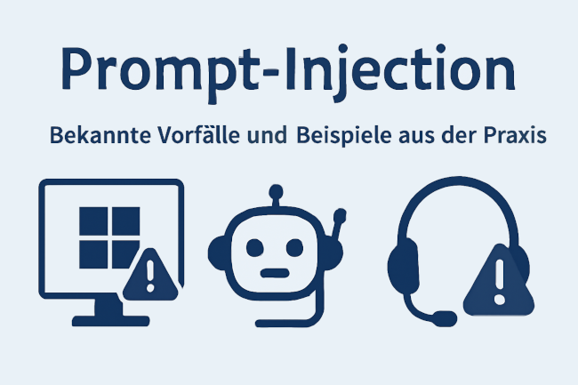 Infografik mit der Überschrift Prompt-Injection und dem Untertitel Bekannte Vorfälle und Beispiele aus der Praxis. Darunter drei dunkelblaue Symbole: ein Computer mit Warnsymbol, ein Chatbot-Kopf und ein Headset mit Warnsymbol. Bild: ChatGPT (Bild generiert mit KI)
