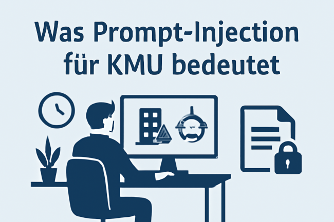 Stilisierte Illustration: Eine Person sitzt am Schreibtisch vor einem Monitor. Auf dem Bildschirm erscheinen Symbole für ein Gebäude mit Warnsymbol und ein Chatbot. Rechts daneben ein Dokument mit Schloss. Im Hintergrund eine Uhr und eine Pflanze. Bild: ChatGPT (Bild generiert mit KI)