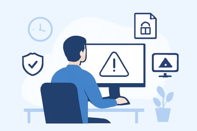 Stilisierte Illustration einer Person am Schreibtisch vor einem Monitor. Um die Szene herum schweben Sicherheits-Icons: ein Schild mit Haken, ein Dokument mit Schloss und ein Monitor mit Sicherheitssymbol. Im Hintergrund Uhr und Pflanze. Bild: ChatGPT (Bild generiert mit KI)