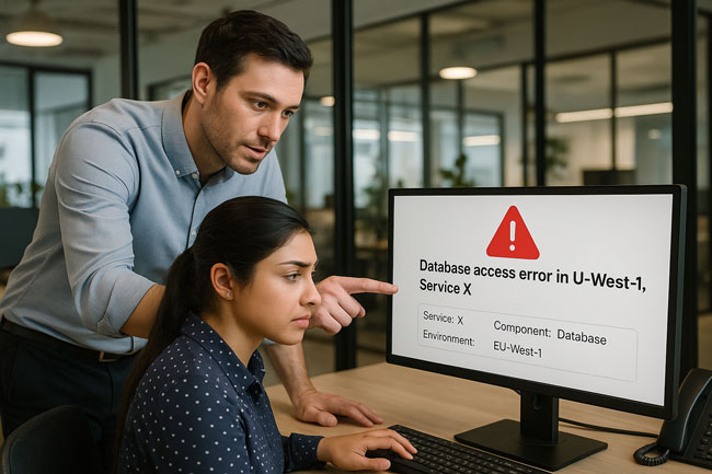 Observability | Mitarbeiter am PC mit Alarmmeldung. Bild: ChatGPT (Bild erstellt mit KI)