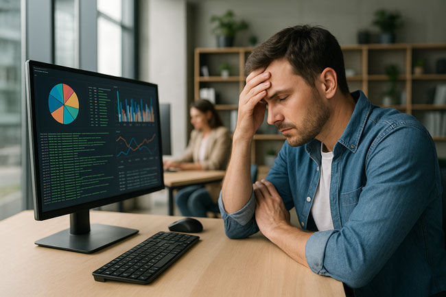 IT-Mitarbeiter im Büro sitzt nachdenklich vor einem Monitor mit überladenen Datenvisualisierungen. Bild: ChatGPT (Bild erstellt mit KI)