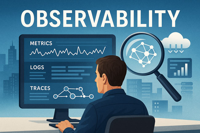 T-Mitarbeiter vor Monitor mit Logs, Metriken und Traces sowie Symbolen für Observability. Bild: ChatGPT (Bild erstellt mit KI)