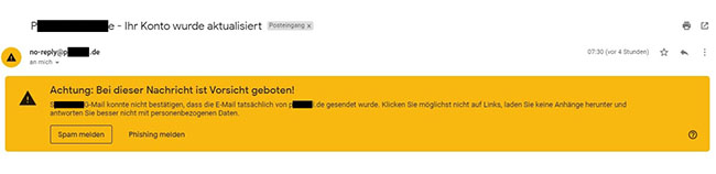 Screenshot einer Spam-Mail-Warnung von Google. Foto: Screenshot PC-SPEZIALIST