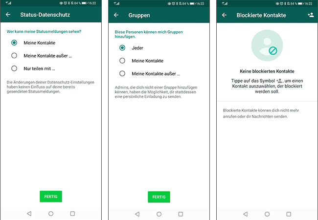 Zu sehen sind mehrere Screenshots aus den WhatsApp-Datenschutz-Einstellungen. Bild: Montage PC-SPEZIALIST