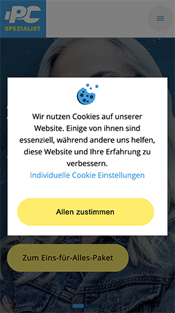 Screenshot der mobilen PC-SPEZIALIST-Startseite mit dem Cookie-Hinweis. Bild: PC-SPEZIALIST
