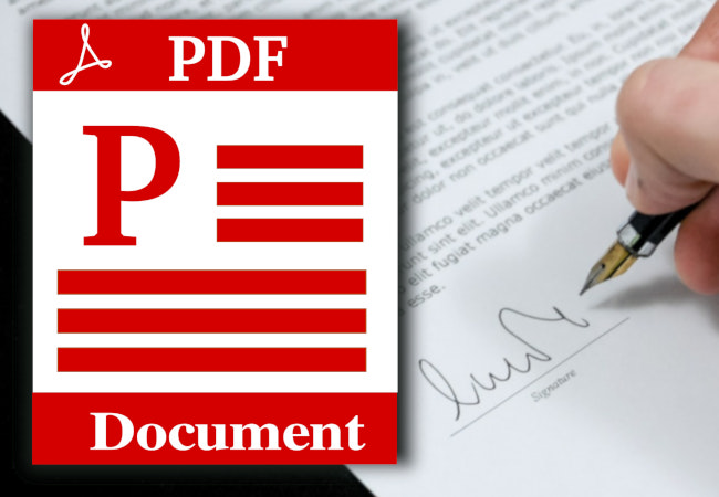 PDF signieren: Vertrag wird unterschrieben, vorgelagert ein pdf-Icon. Bild: Montage PC-SPEZIALIST