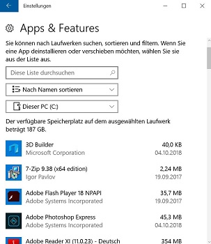 Im Menü „Apps und Features“ können Sie sich alle installierten Programme übersichtlich anzeigen lassen und diese falls nötig löschen. (Bild: Screenshot)
