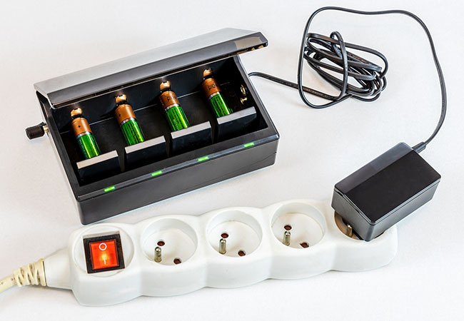 Strom sparen: Netzteil des Batterieladegerätes steckt in Steckerleiste mit Schalter. Bild: Pixabay