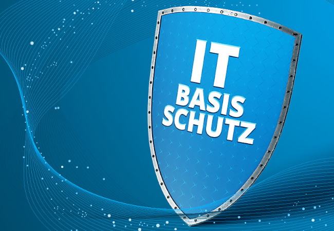 IT-Grundschutz dank IT-Basisschutz: Schutzschild mit Schriftzug. Bild: PC-SPEZIALIST