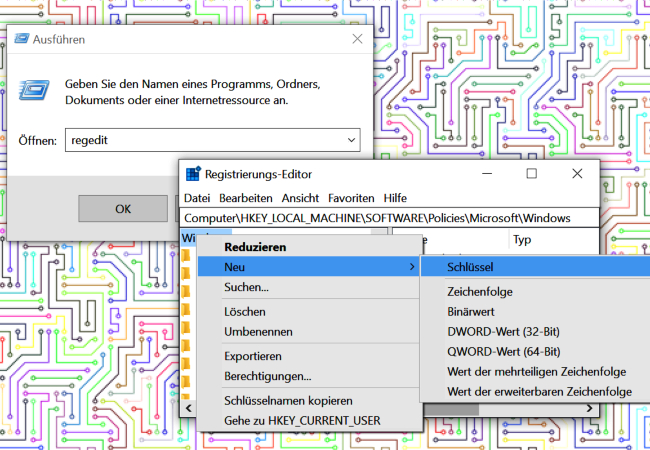 Die Anwendung Ausführen und der Registrierungs-Editor, mit dem Sie in Windows 10 Home Ihren Sperrbildschirm deaktivieren können. Bild: Montage PC-SPEZIALIST